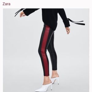NW/OT Zara Black Leather Pants with Red Side Stripe